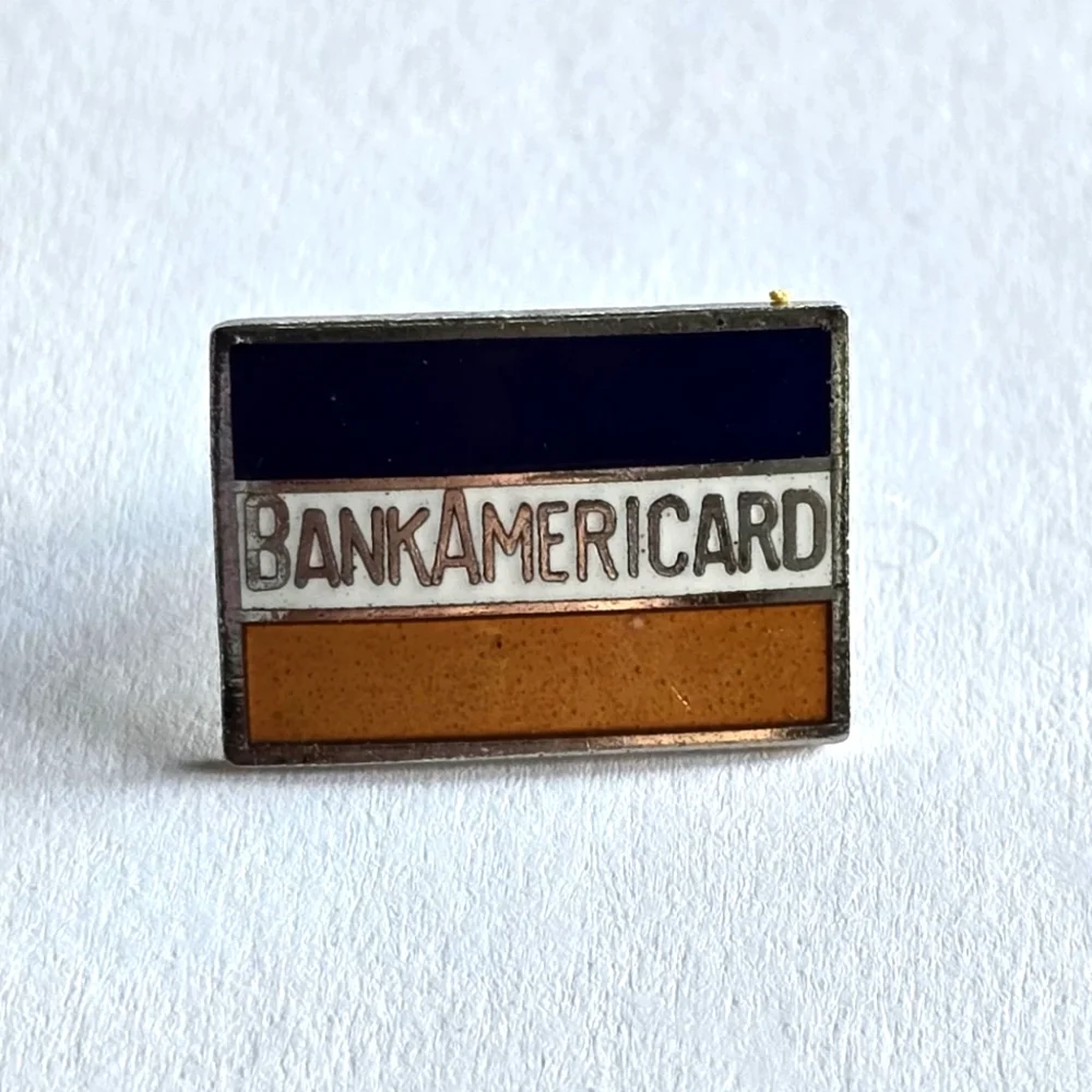 Vintage pin BankAmericard enamel silver tone brooch orange blue